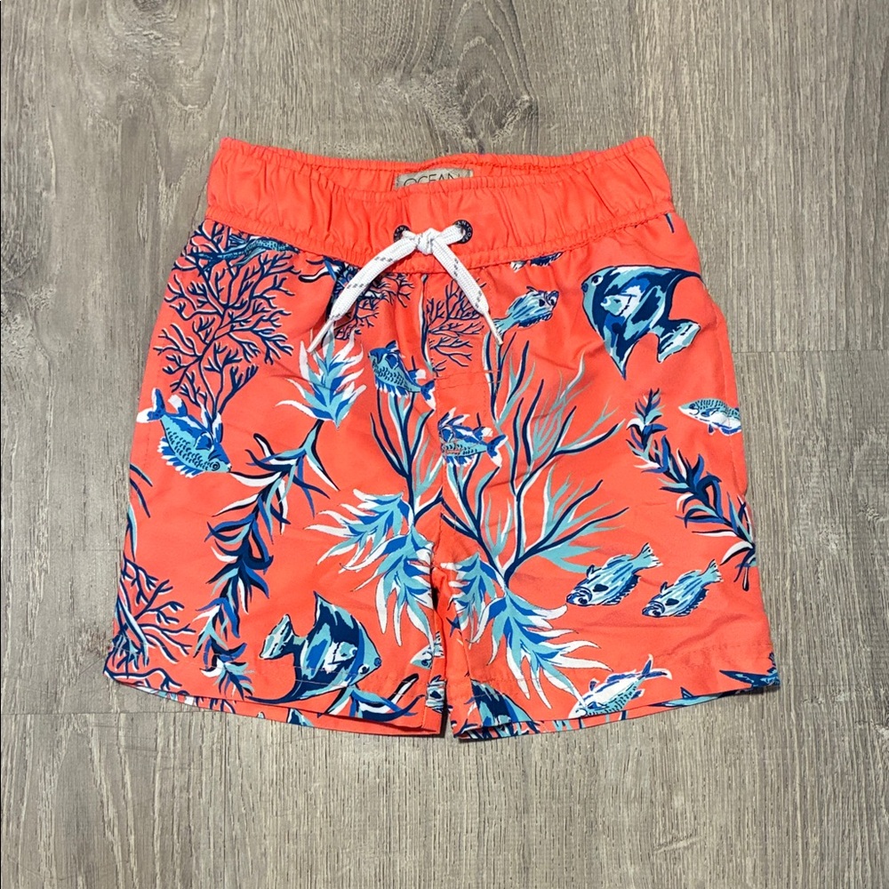 Kids Coral Reef Swim Trunks with Blue Fish Print